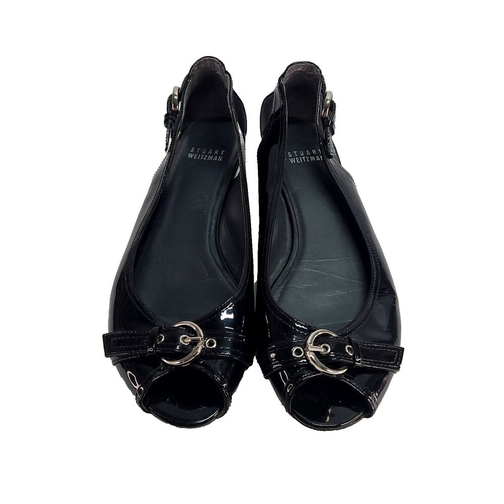 stuart weitzman Chit Chat Patent Leather Flats 8.5 Black Sling Back Peep Toe - Picture 6 of 14